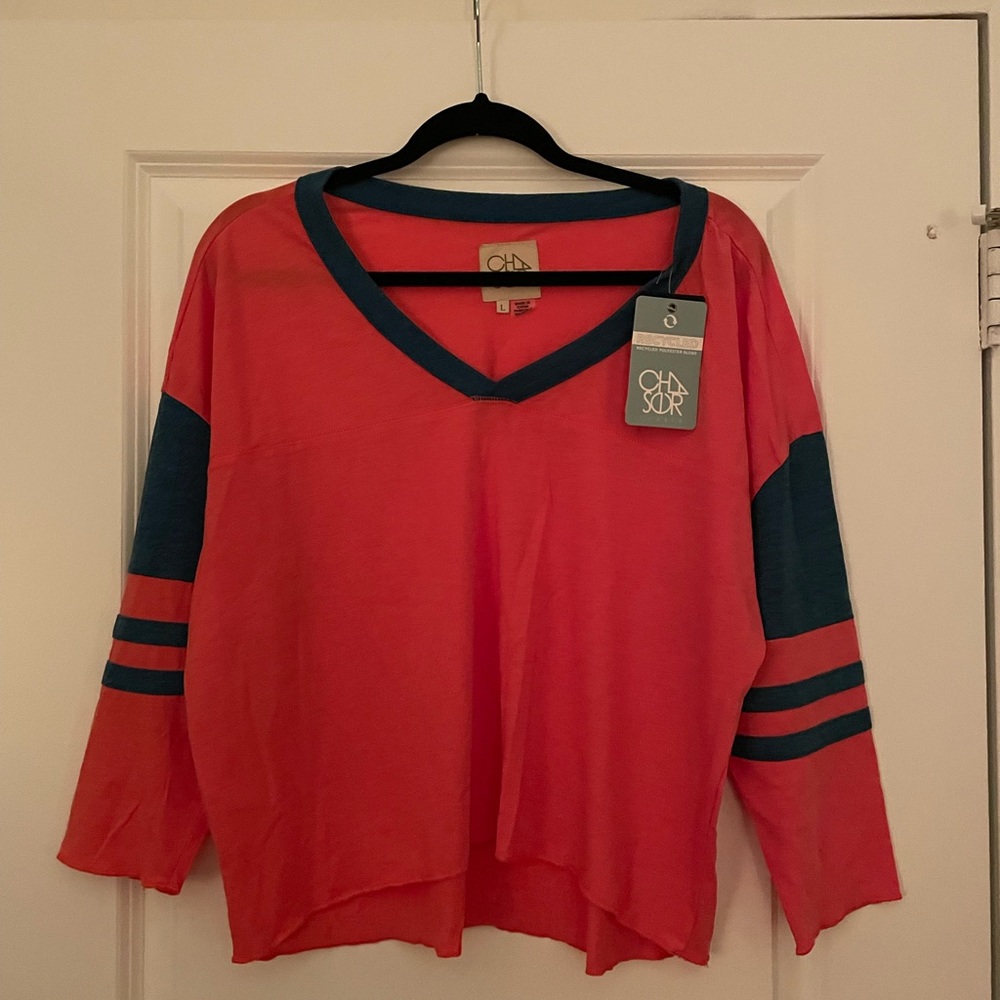 Chaser blue and orange long sleeve v neck tee